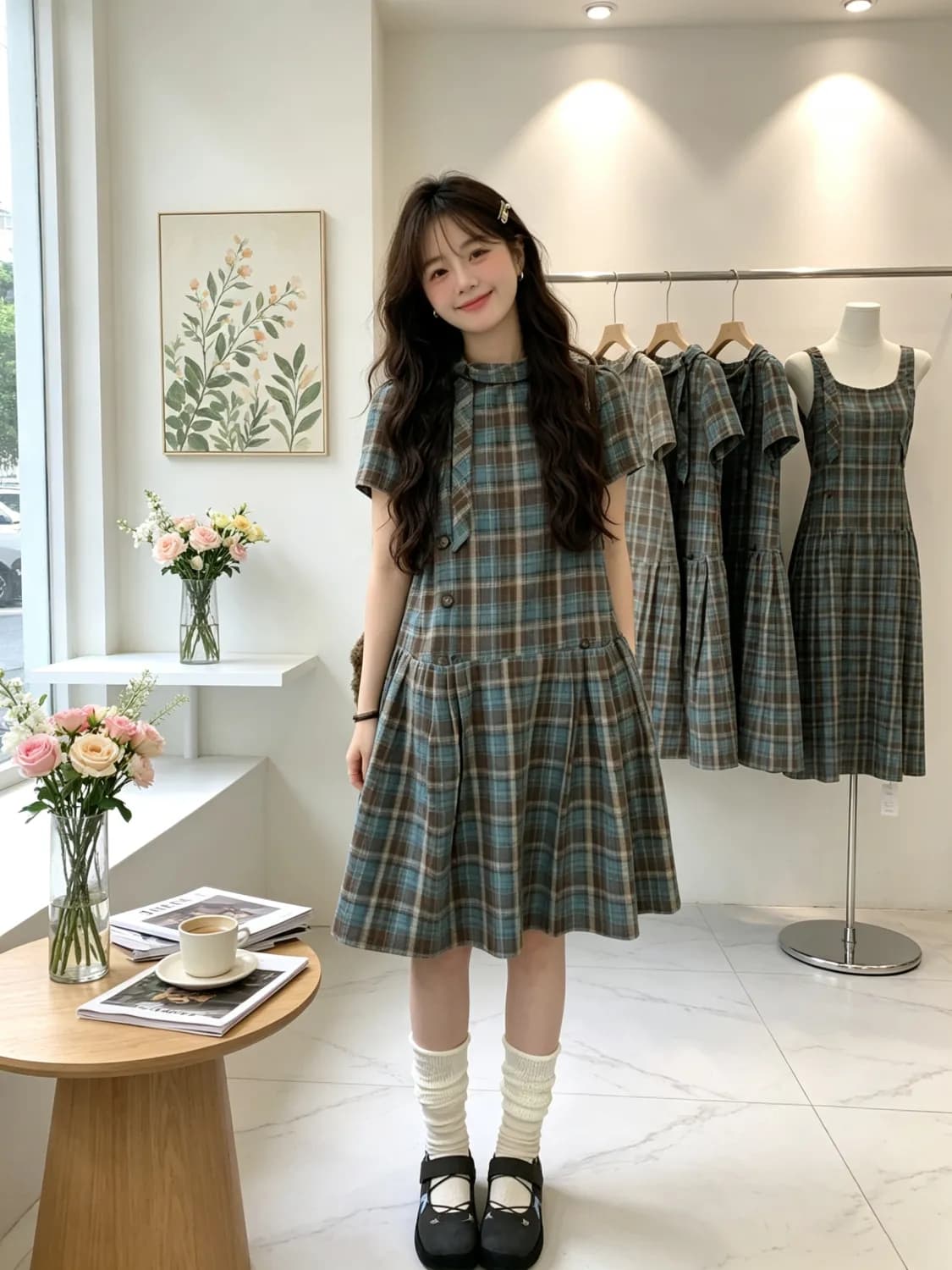 비대칭 비스듬한 문 襟 폴로 칼라 체크무늬 셔츠 드레스 출산 스커트 여름 디자인 센스 A라인 스커트 임산부 드레스 이미지 4