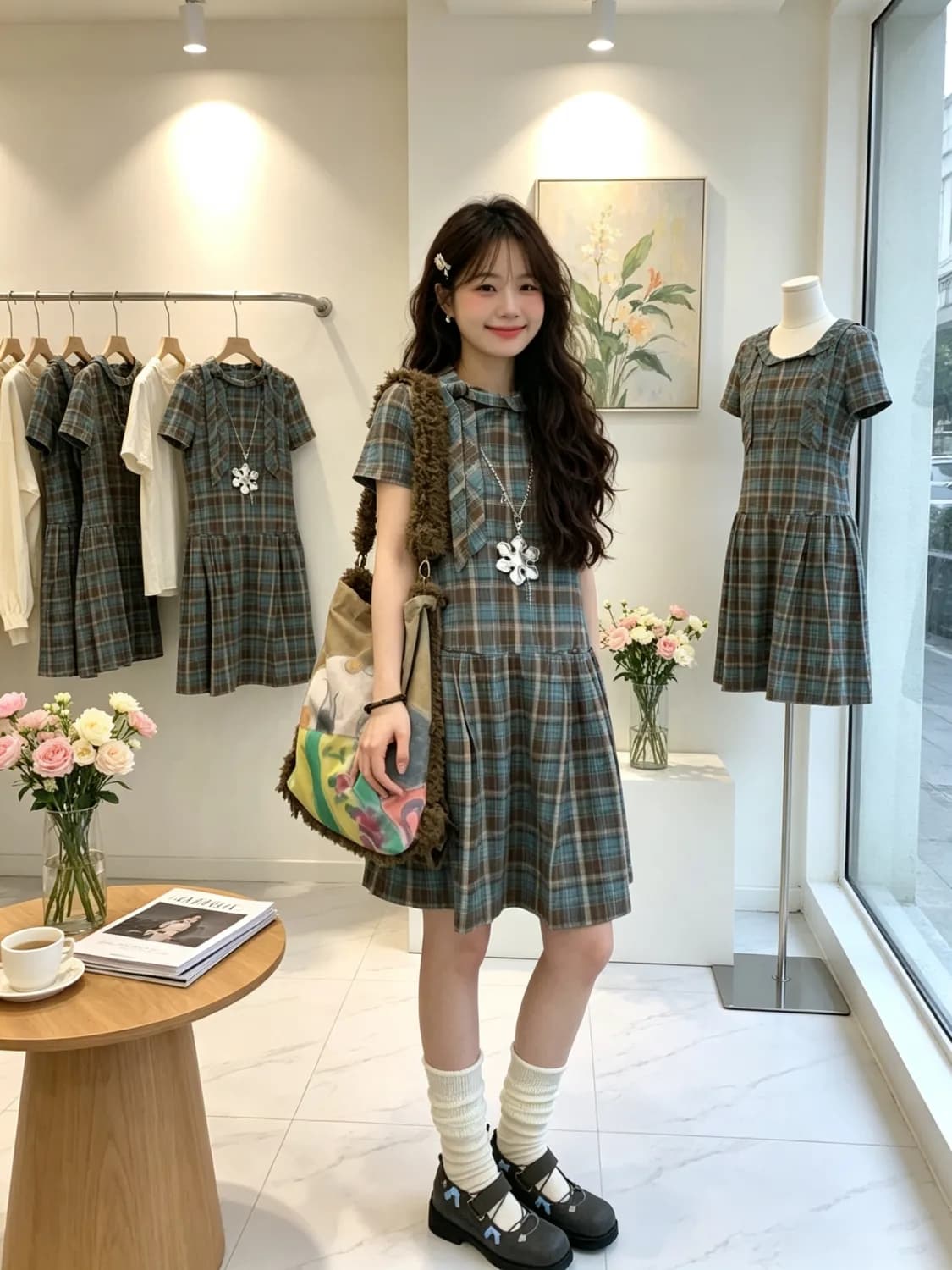 비대칭 비스듬한 문 襟 폴로 칼라 체크무늬 셔츠 드레스 출산 스커트 여름 디자인 센스 A라인 스커트 임산부 드레스 이미지 3