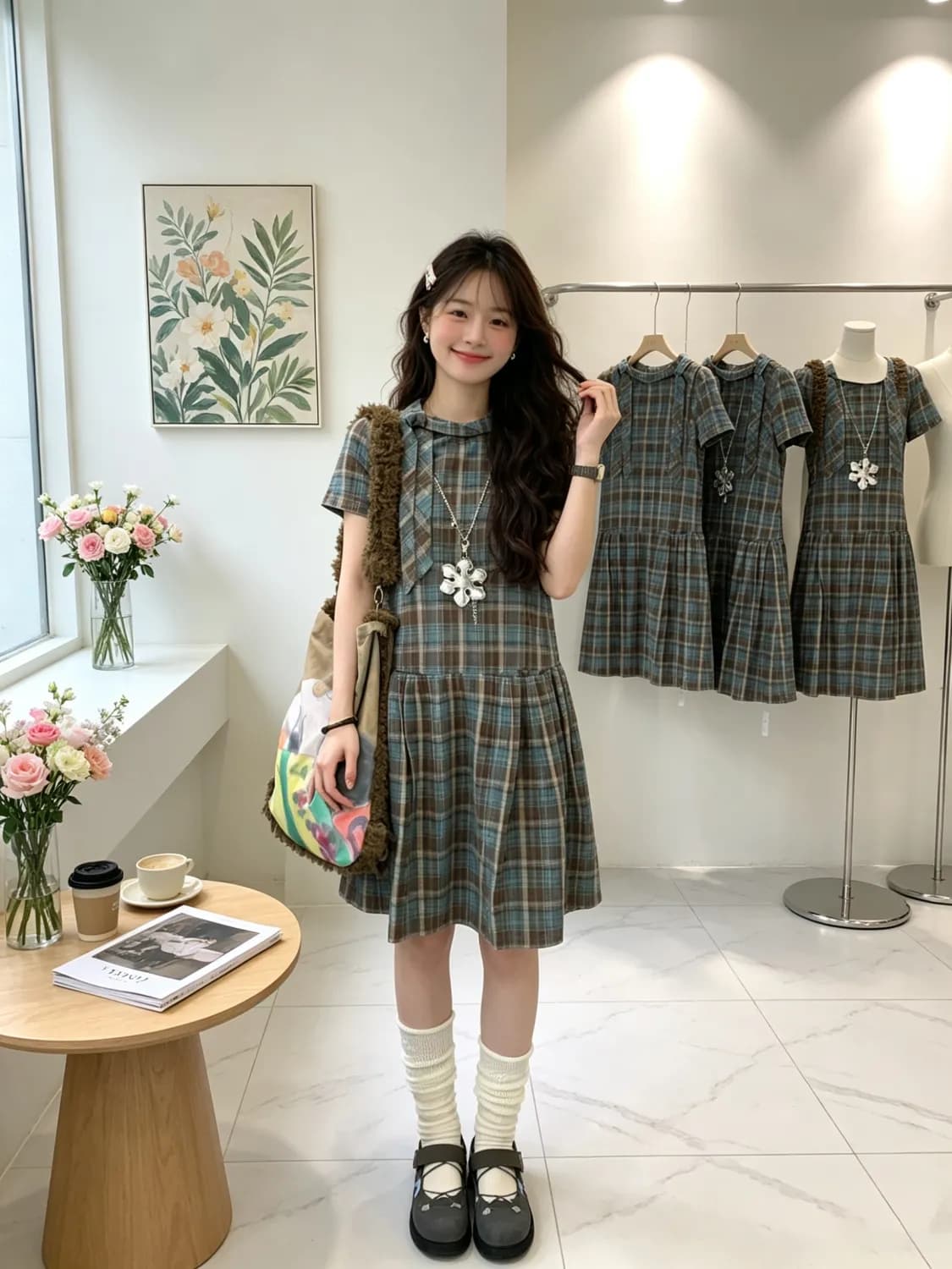 비대칭 비스듬한 문 襟 폴로 칼라 체크무늬 셔츠 드레스 출산 스커트 여름 디자인 센스 A라인 스커트 임산부 드레스 상세 이미지 6