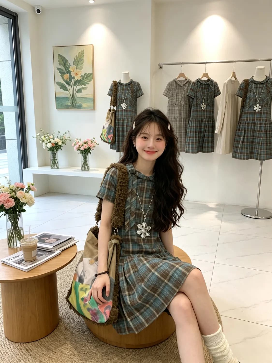 비대칭 비스듬한 문 襟 폴로 칼라 체크무늬 셔츠 드레스 출산 스커트 여름 디자인 센스 A라인 스커트 임산부 드레스 상세 이미지 10