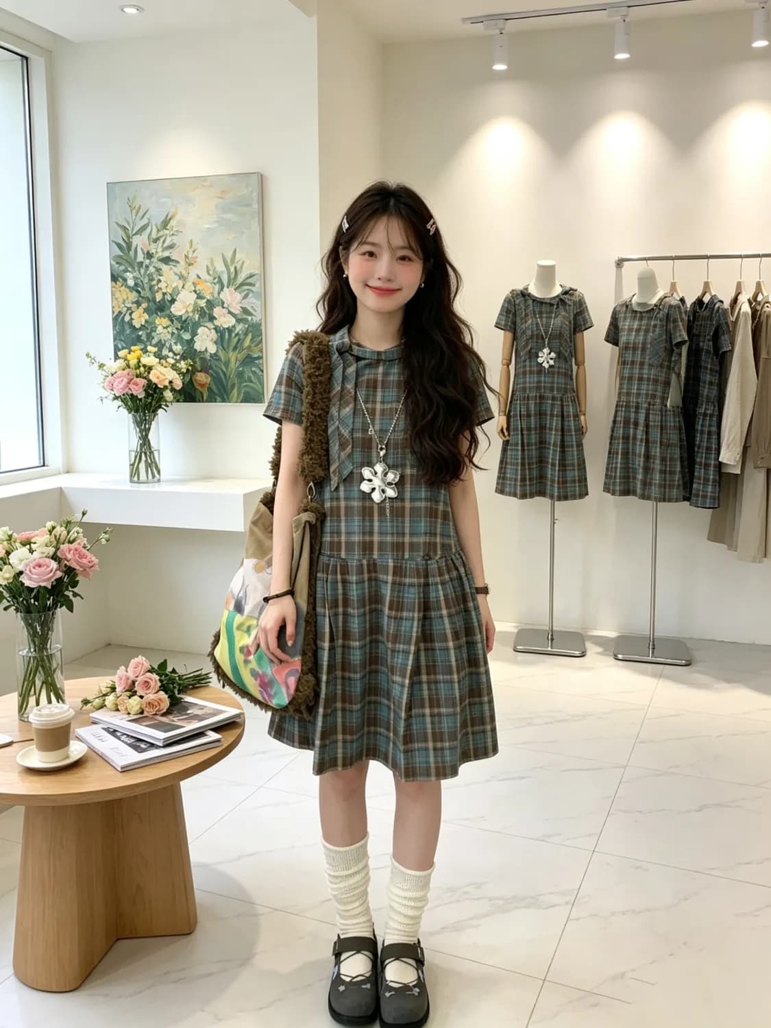 비대칭 비스듬한 문 襟 폴로 칼라 체크무늬 셔츠 드레스 출산 스커트 여름 디자인 센스 A라인 스커트 임산부 드레스 상세 이미지 12