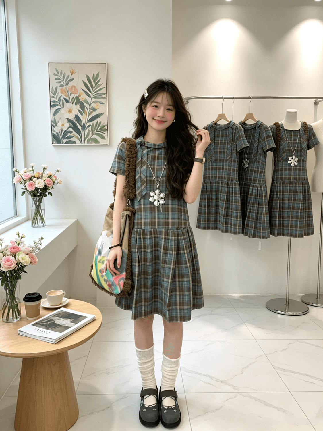 비대칭 비스듬한 문 襟 폴로 칼라 체크무늬 셔츠 드레스 출산 스커트 여름 디자인 센스 A라인 스커트 임산부 드레스 상세 이미지 17