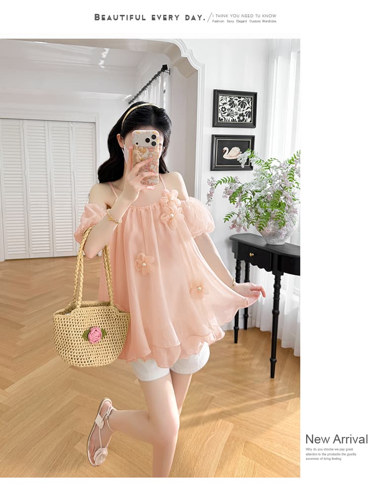실사 부드러운 바람 순수한 욕망 섹시함 오프숄더 슬립 임산부 쉬폰 블라우스 3 차원 꽃 슈퍼 요정 가스 중간 길이 맨위 상세 이미지 28