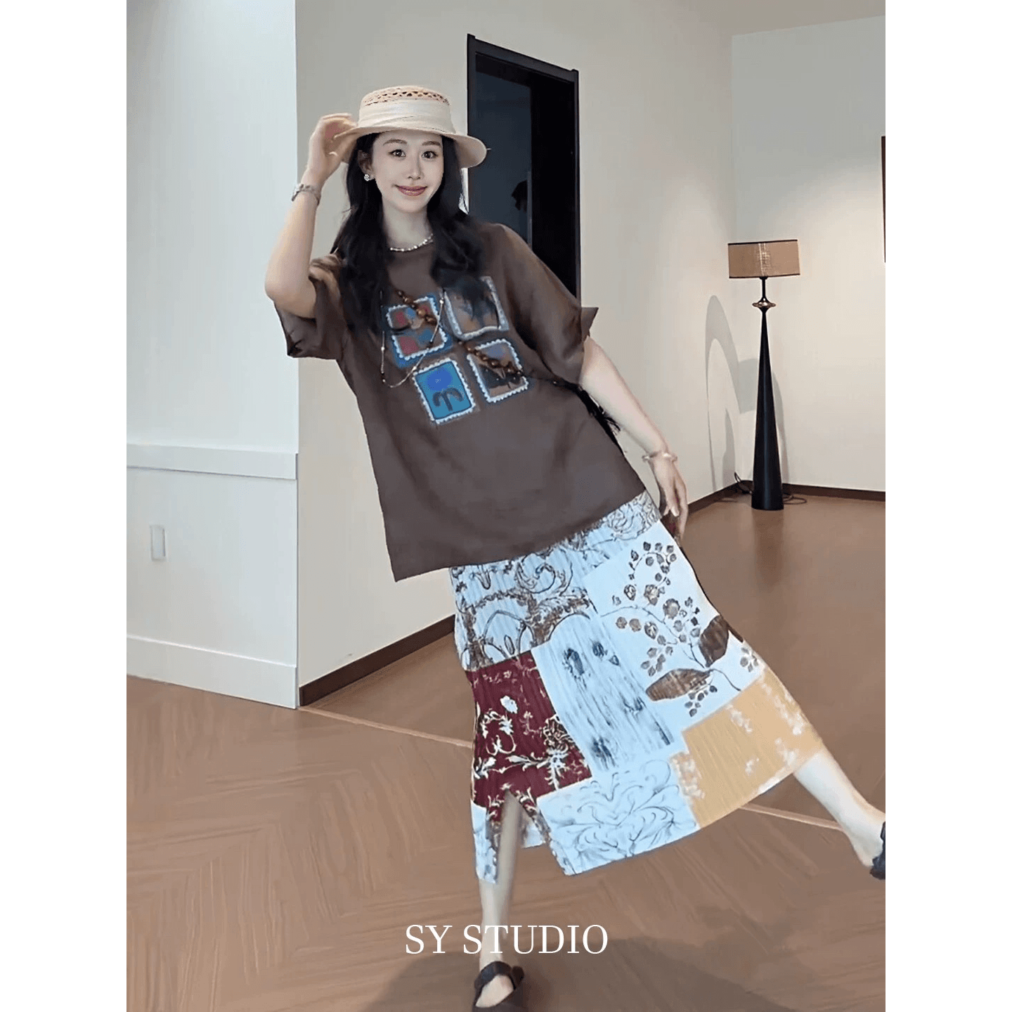 루즈핏 네 궁전 그리드 만화 다용도 연령 감소 라운드 넥 반팔 셔츠 반신 스커트 임산부 세트 이미지 2
