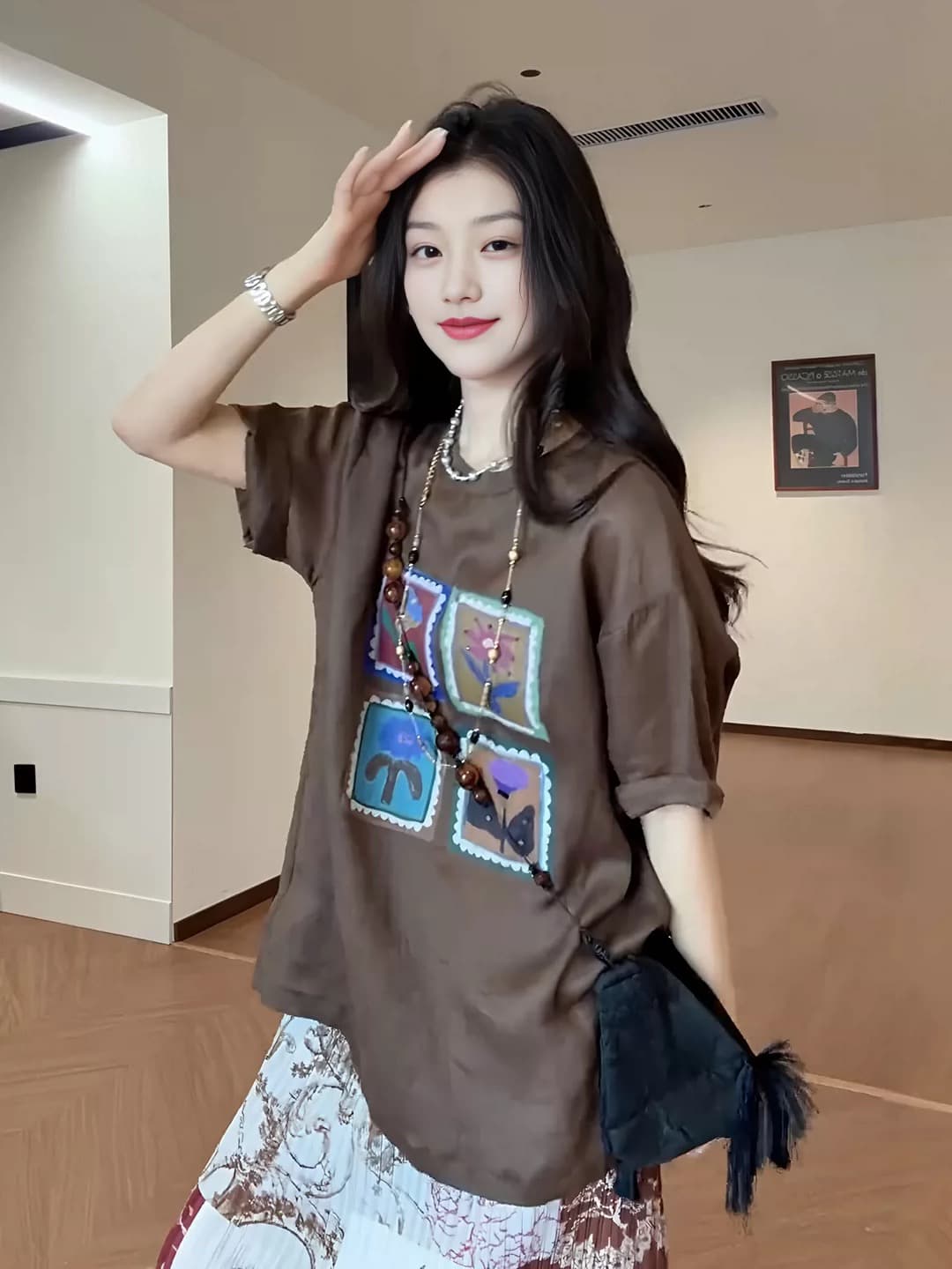 루즈핏 네 궁전 그리드 만화 다용도 연령 감소 라운드 넥 반팔 셔츠 반신 스커트 임산부 세트 상세 이미지 3