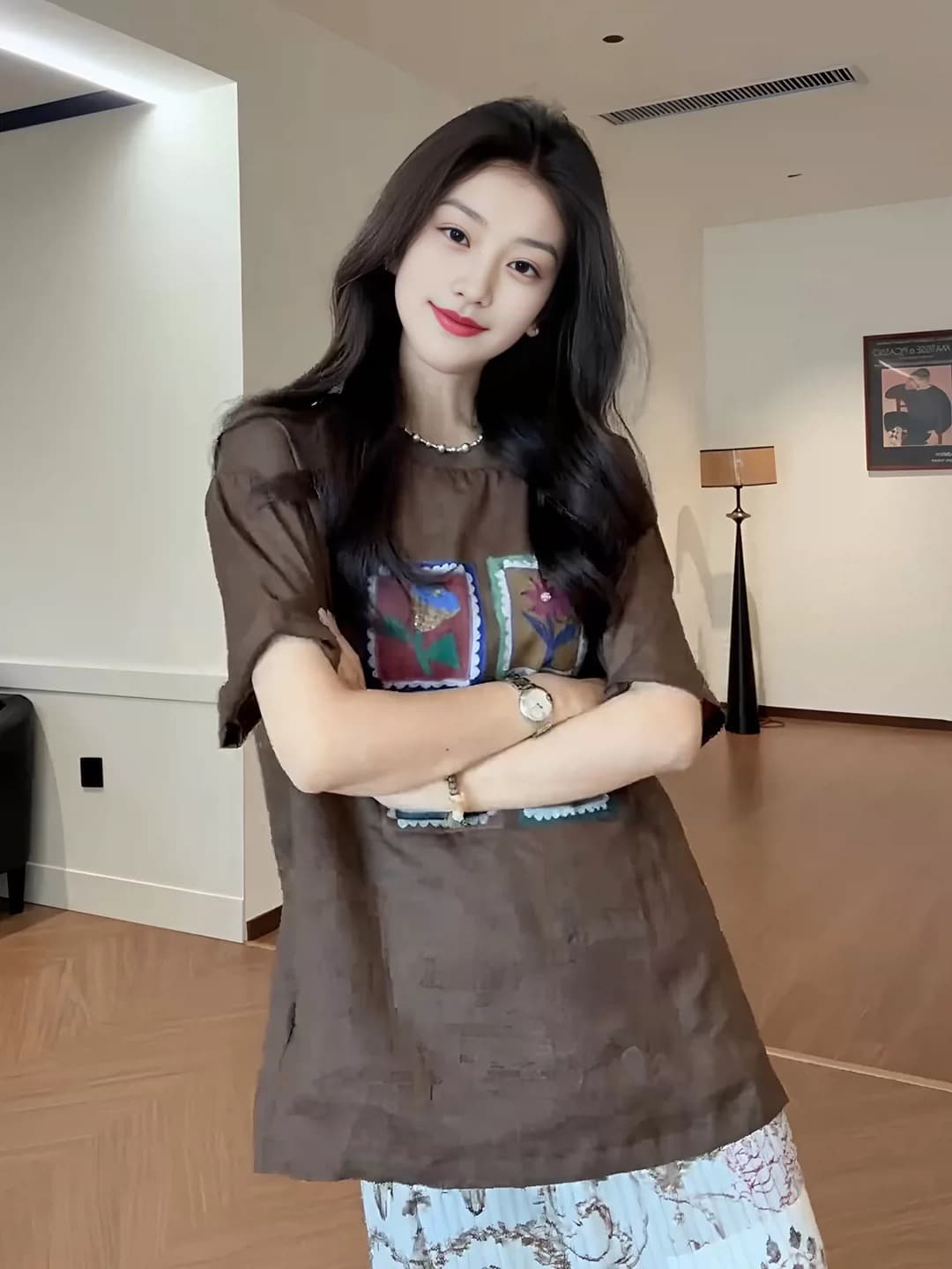 루즈핏 네 궁전 그리드 만화 다용도 연령 감소 라운드 넥 반팔 셔츠 반신 스커트 임산부 세트 상세 이미지 4
