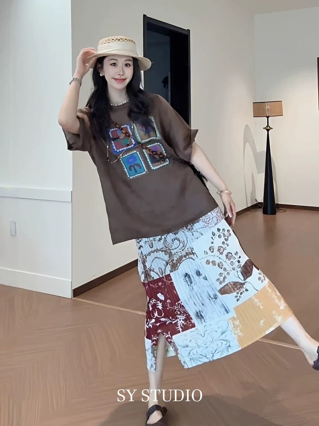 루즈핏 네 궁전 그리드 만화 다용도 연령 감소 라운드 넥 반팔 셔츠 반신 스커트 임산부 세트 상세 이미지 6