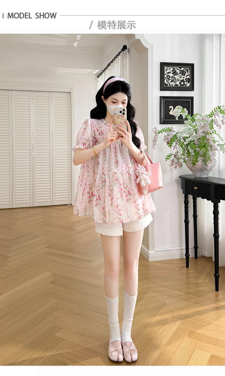 실사 2026 새로운 봄날 꽃다발 한 부서 분말 꽃무늬 거품 소매 임산부 인형 셔츠 맨위 상세 이미지 13