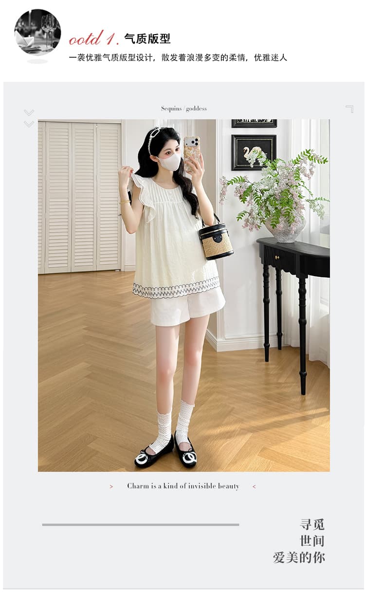 실사 프릴 작은 날다 소매 라운드 넥 자수 셔츠 달콤함 연령 감소 고급 센스 빛 럭셔리 임산부 인형 셔츠 맨위 상세 이미지 3