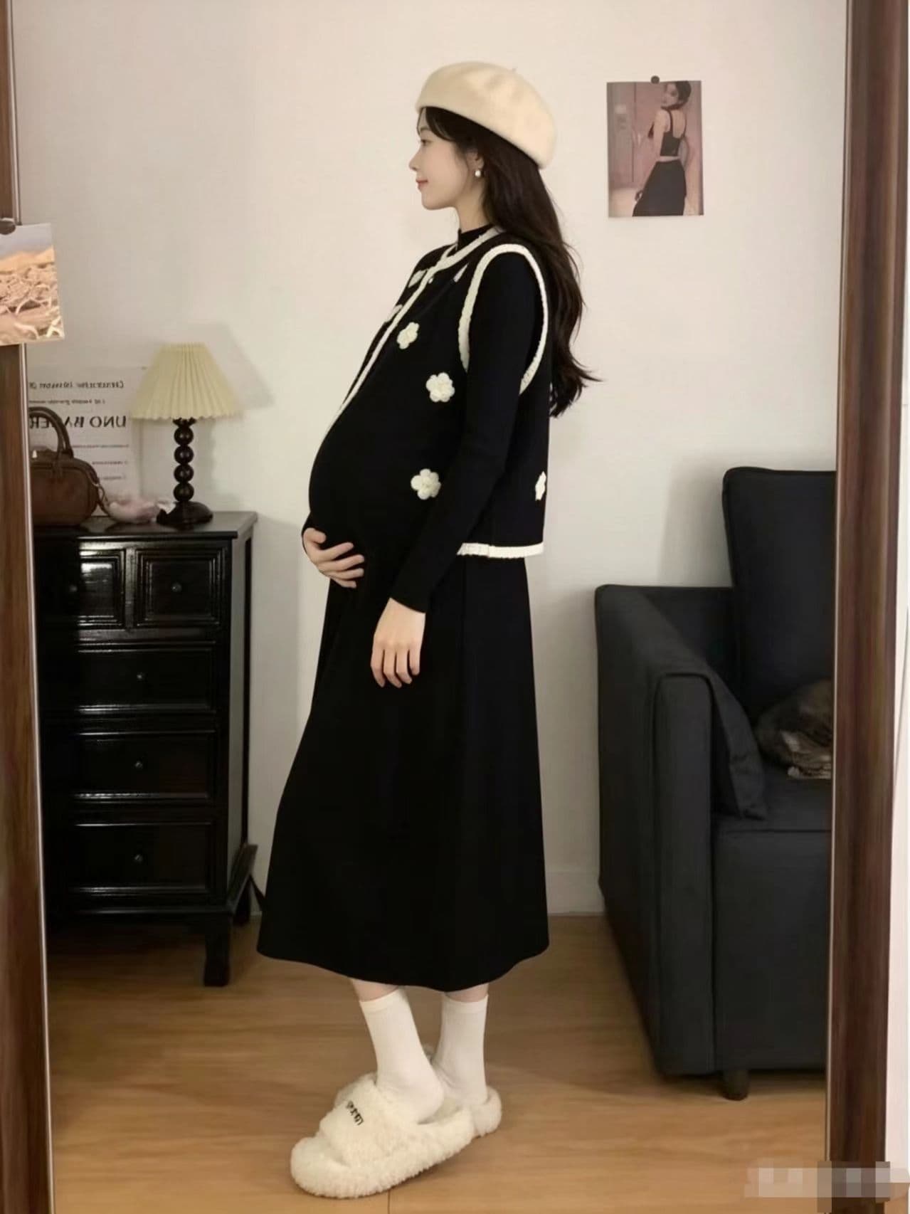 실사 출산 착용 투피스 세트 가을 겨울 새로운 작은 샤넬 스타일 3 차원 꽃 스웨터 베스트 니트 만나는 투피스 세트 상세 이미지 5