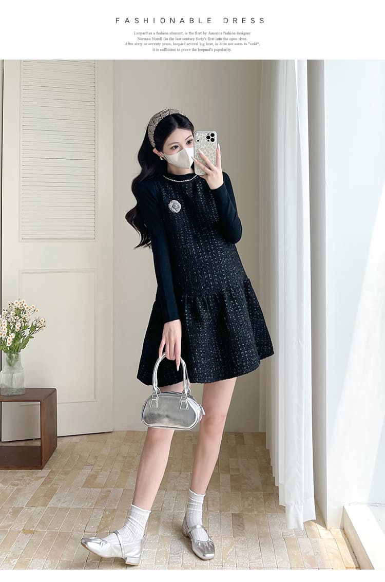 실사 임산부 작은 샤넬 스타일 네클라인 진주 좋은 플래시 작은 검은 드레스 연령 감소 빛 럭셔리 민소매 점프 슈트 치마 검정색 기본 셔츠 상세 이미지 16