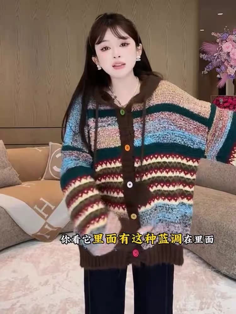 임산부 스웨터 레트로 도파민 배색 후드 니트 스웨터 2026 겨울 루즈핏 느긋한 고유 한 아름다운 맨위 이미지 3