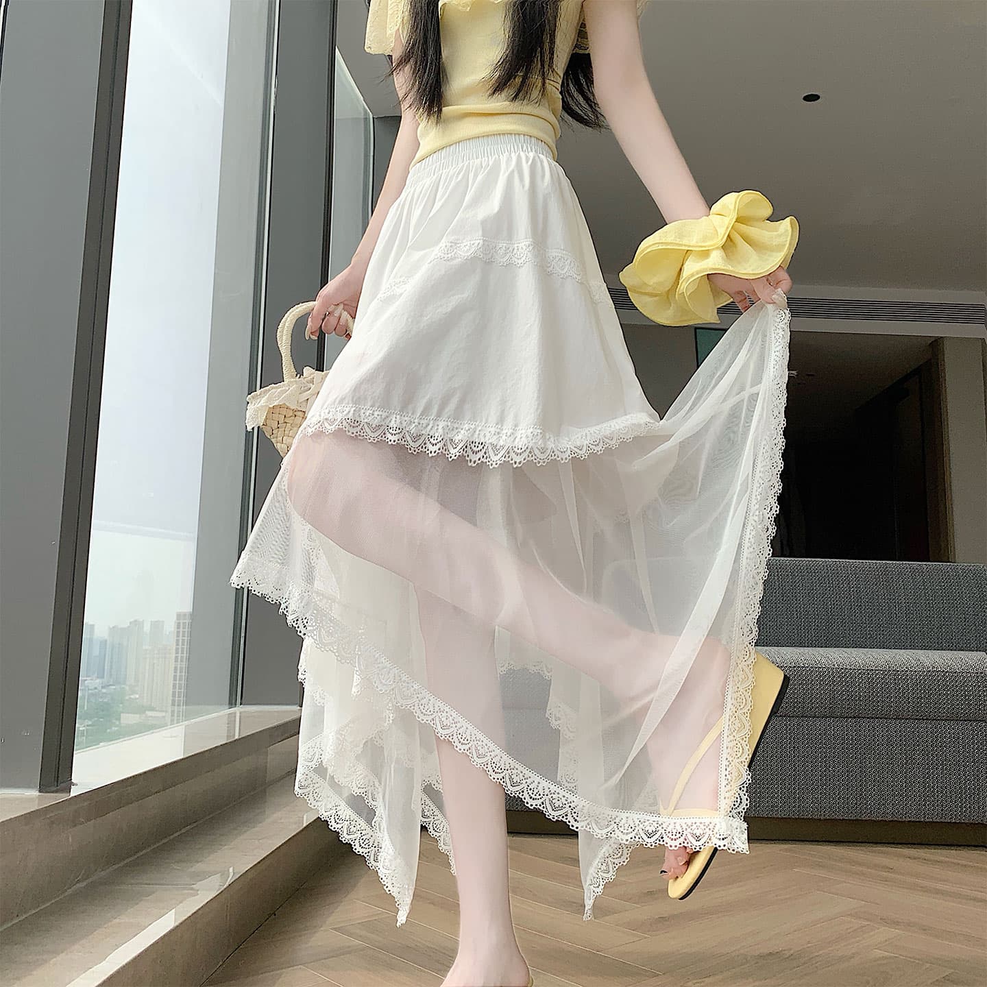 실사 불규칙 패치워크 레이스 망사 반신 스커트 여성 여름 새로운 하이웨이스트 표지 넓적 다리 슬림해 보이는 한 마디 빅 플레어 스커트 이미지 3