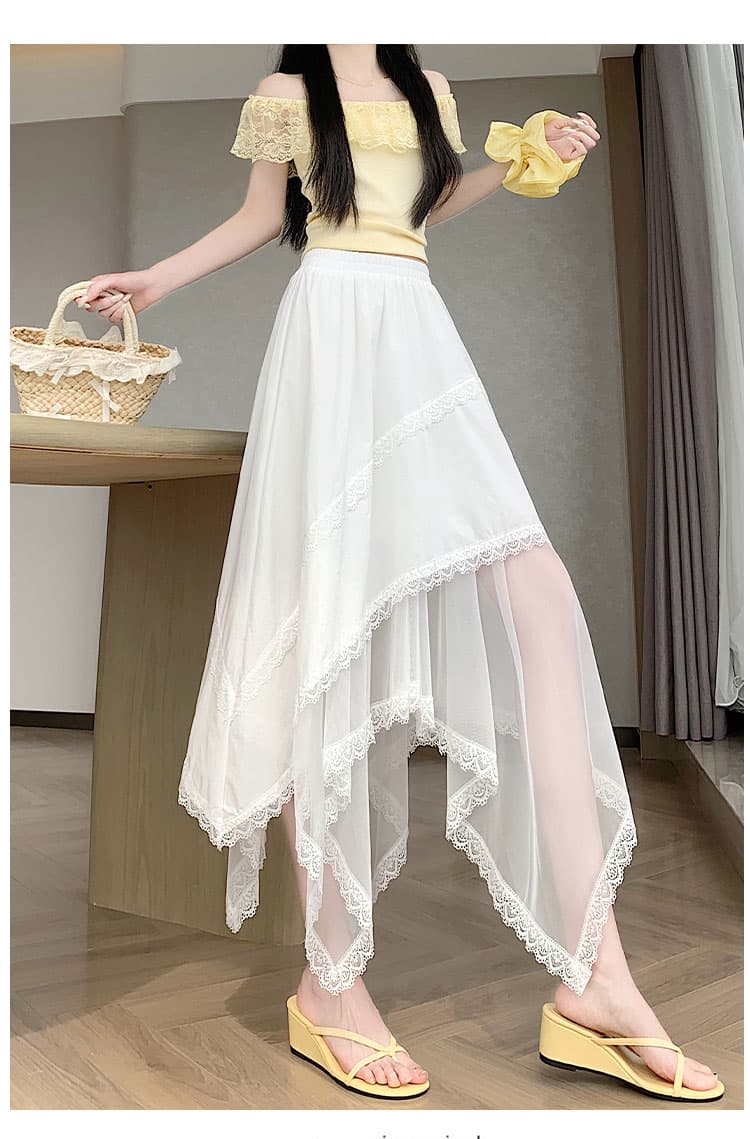 실사 불규칙 패치워크 레이스 망사 반신 스커트 여성 여름 새로운 하이웨이스트 표지 넓적 다리 슬림해 보이는 한 마디 빅 플레어 스커트 상세 이미지 23