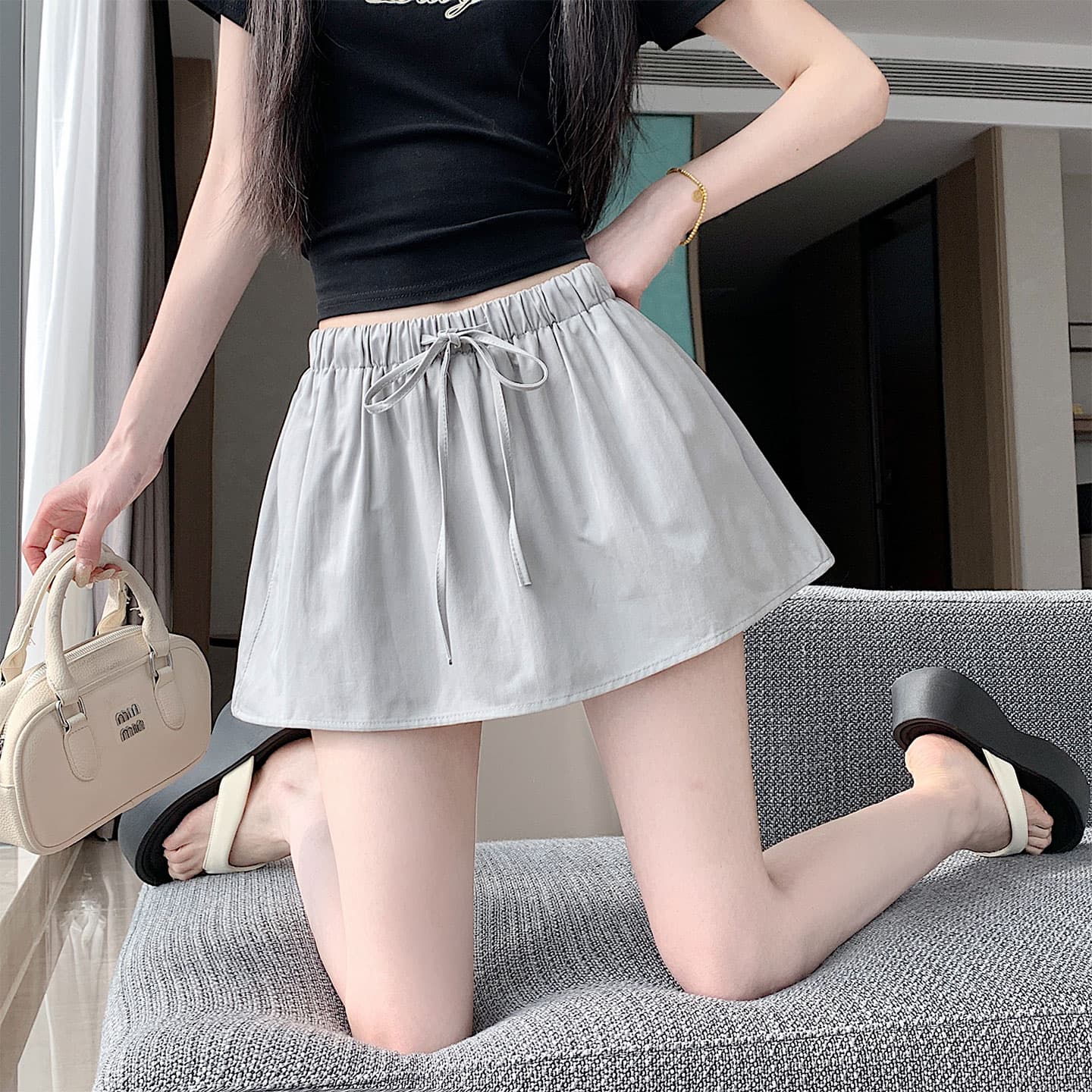 실사 한국 스타일 미니멀리즘 다용도 허리밴드 레이스업 노출 방지 반신 스커트 루즈핏 한 마디 미니 스커트 치마바지 이미지 5