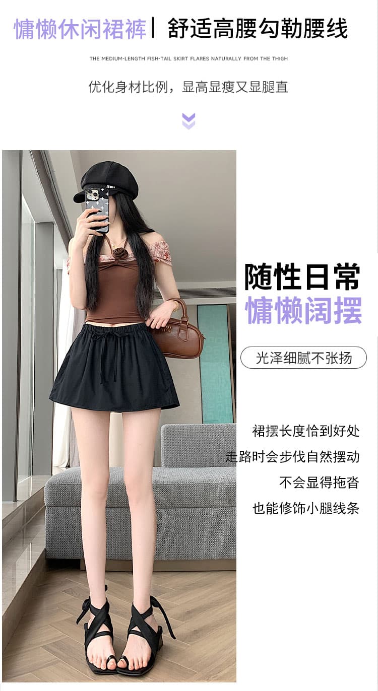 실사 한국 스타일 미니멀리즘 다용도 허리밴드 레이스업 노출 방지 반신 스커트 루즈핏 한 마디 미니 스커트 치마바지 상세 이미지 7