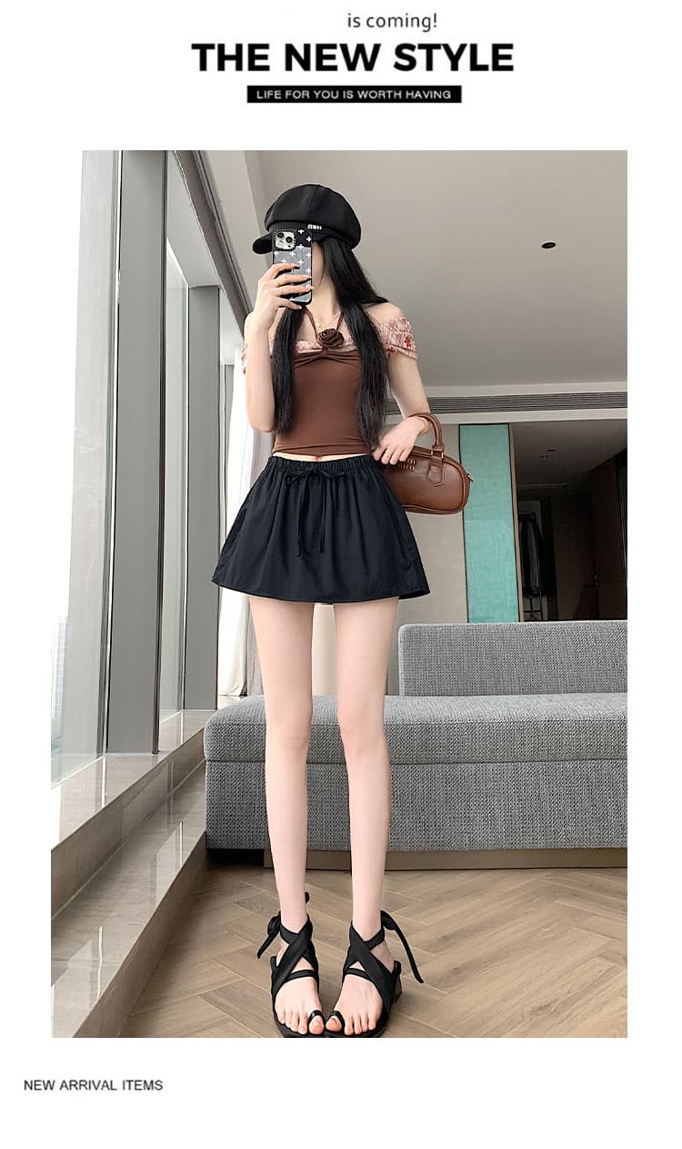 실사 한국 스타일 미니멀리즘 다용도 허리밴드 레이스업 노출 방지 반신 스커트 루즈핏 한 마디 미니 스커트 치마바지 상세 이미지 24