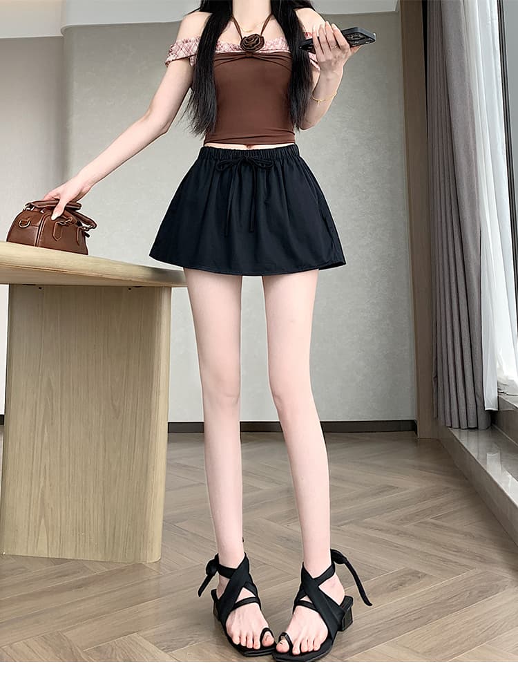 실사 한국 스타일 미니멀리즘 다용도 허리밴드 레이스업 노출 방지 반신 스커트 루즈핏 한 마디 미니 스커트 치마바지 상세 이미지 26