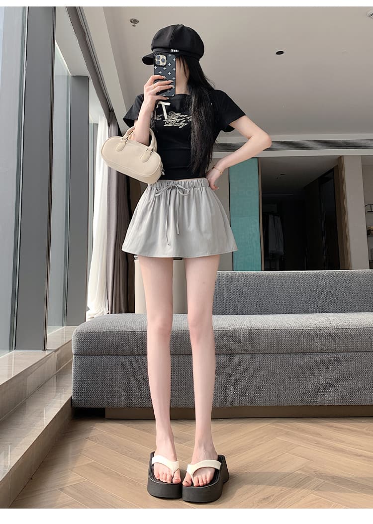 실사 한국 스타일 미니멀리즘 다용도 허리밴드 레이스업 노출 방지 반신 스커트 루즈핏 한 마디 미니 스커트 치마바지 상세 이미지 31
