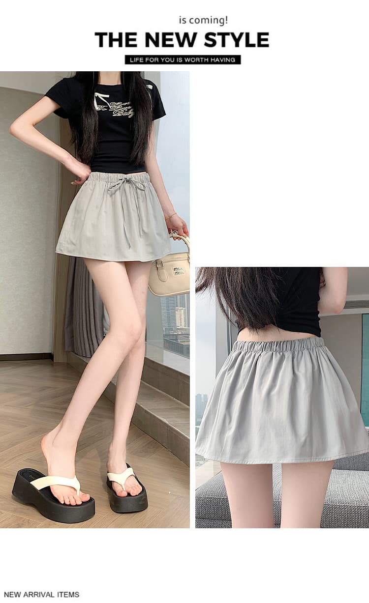 실사 한국 스타일 미니멀리즘 다용도 허리밴드 레이스업 노출 방지 반신 스커트 루즈핏 한 마디 미니 스커트 치마바지 상세 이미지 34