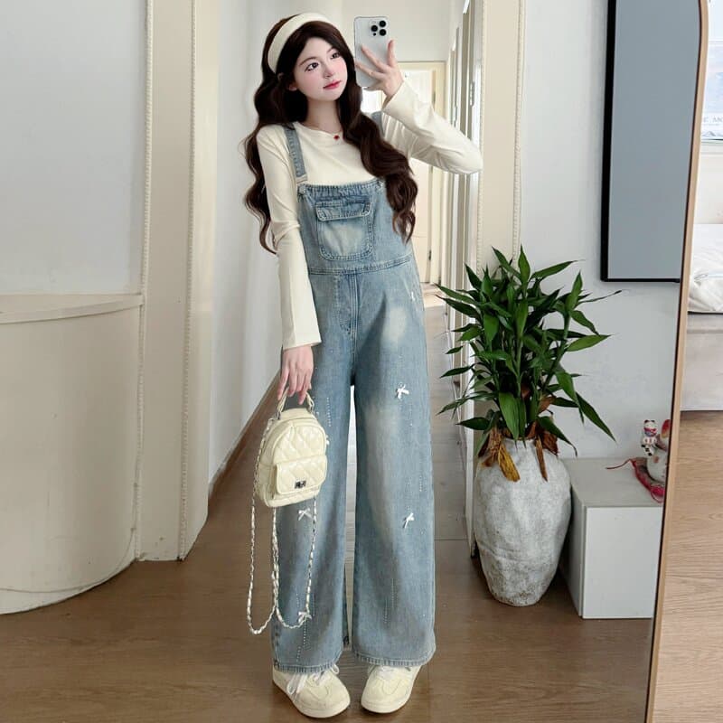 실사 지금 가을 새로운 임산부 무거운 작업 핫픽스 나비 매듭 데님 멜빵 바지 연결 면 티셔츠 임산부 투피스 세트 이미지 4