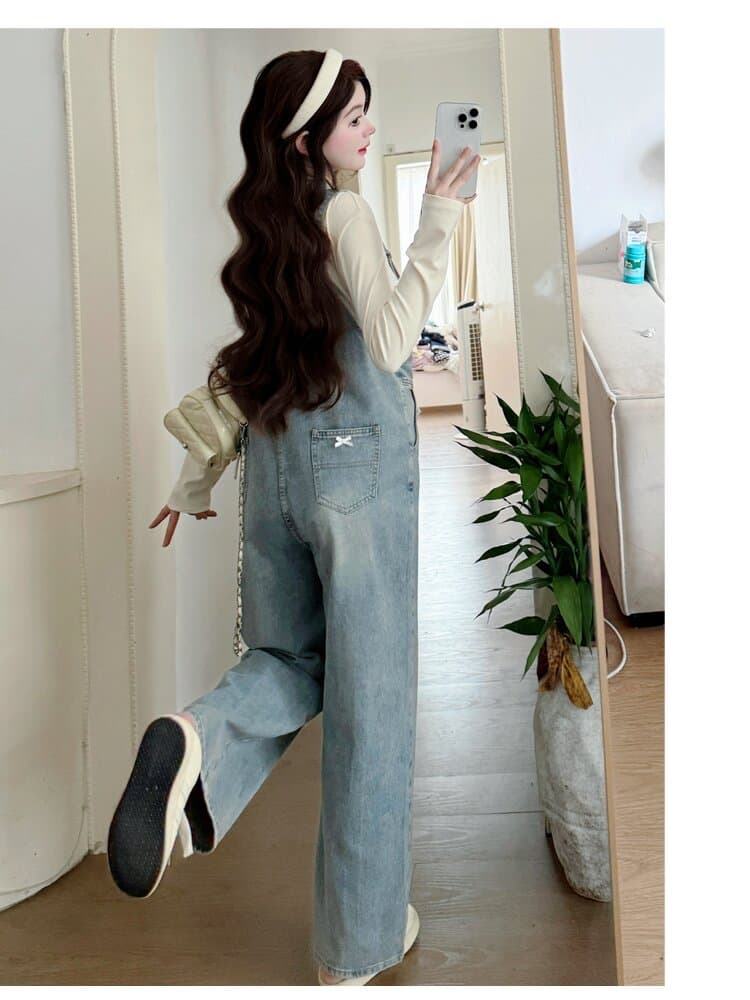 실사 지금 가을 새로운 임산부 무거운 작업 핫픽스 나비 매듭 데님 멜빵 바지 연결 면 티셔츠 임산부 투피스 세트 상세 이미지 13