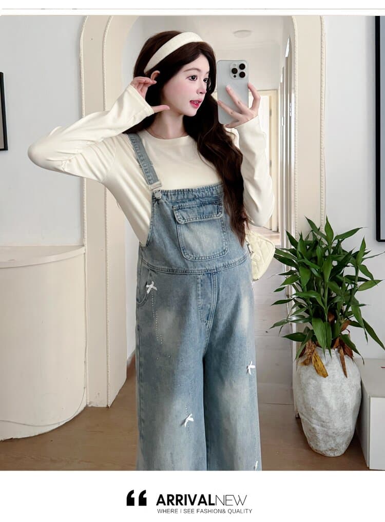 실사 지금 가을 새로운 임산부 무거운 작업 핫픽스 나비 매듭 데님 멜빵 바지 연결 면 티셔츠 임산부 투피스 세트 상세 이미지 16