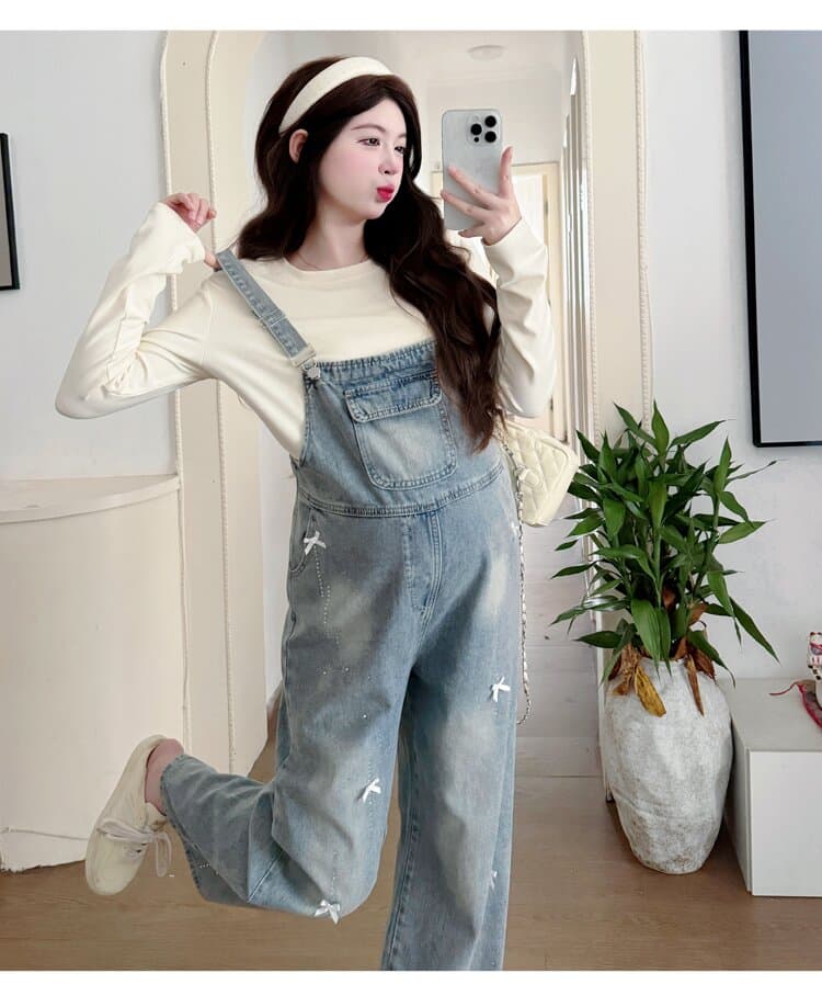 실사 지금 가을 새로운 임산부 무거운 작업 핫픽스 나비 매듭 데님 멜빵 바지 연결 면 티셔츠 임산부 투피스 세트 상세 이미지 17