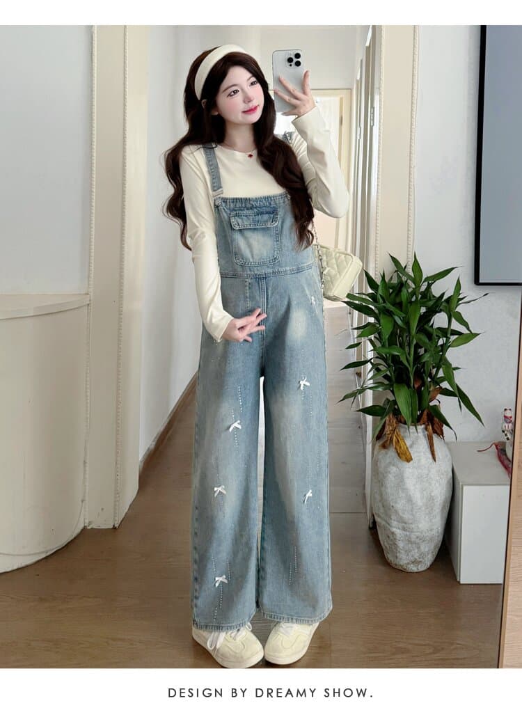 실사 지금 가을 새로운 임산부 무거운 작업 핫픽스 나비 매듭 데님 멜빵 바지 연결 면 티셔츠 임산부 투피스 세트 상세 이미지 20
