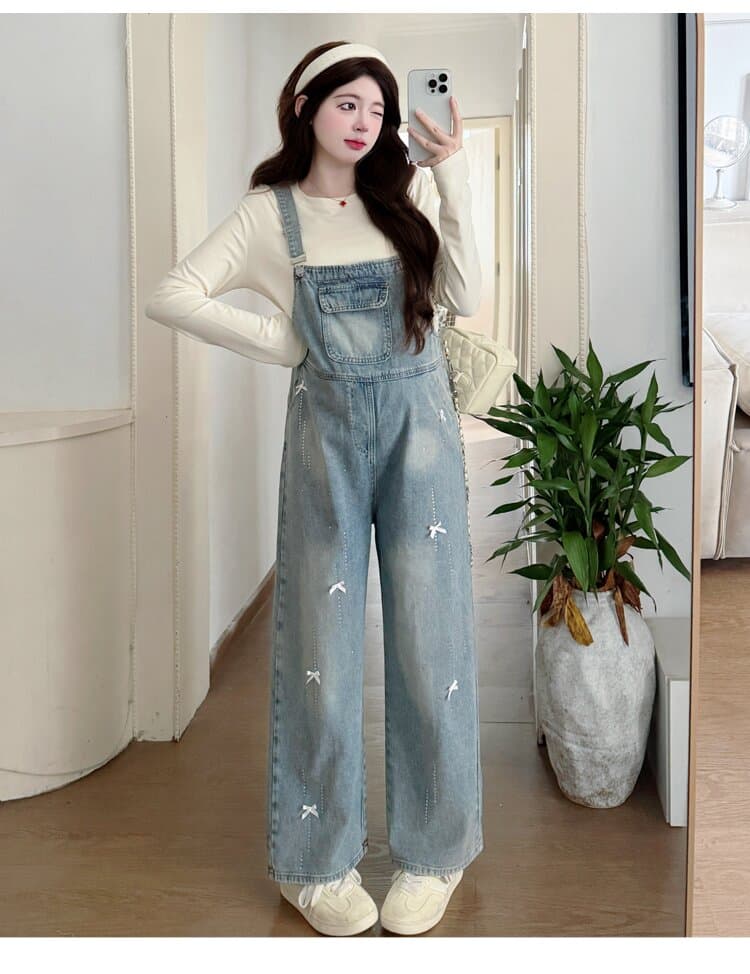 실사 지금 가을 새로운 임산부 무거운 작업 핫픽스 나비 매듭 데님 멜빵 바지 연결 면 티셔츠 임산부 투피스 세트 상세 이미지 21