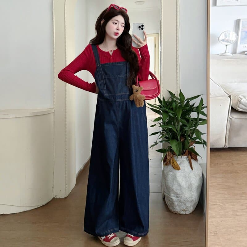 실사 2026 지금 임산부 데님 넓은 다리 멜빵 바지 니트 오픈 가디건 맨위 임산부 멜빵 바지 세트 이미지 4