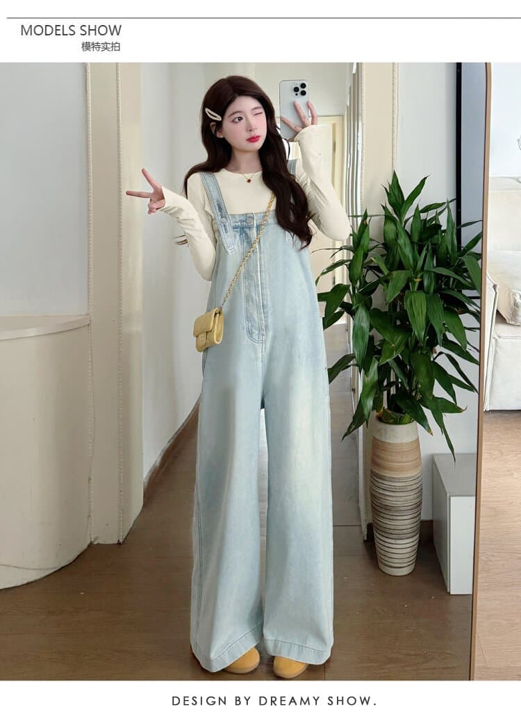 실사 지금 새로운 임산부 데님 넓은 다리 멜빵 바지 맨위 임산부 멜빵 바지 세트 상세 이미지 10