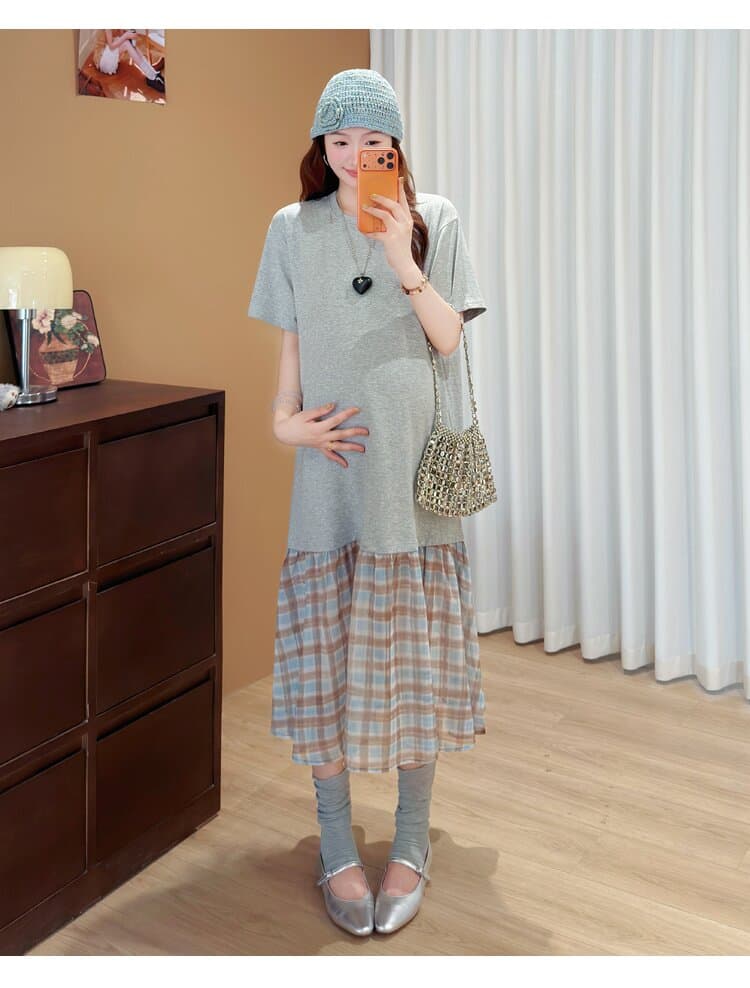 실사 2026 지금 새로운 임산부 캐주얼 패션 t 치마 한국 스타일 느긋한 배색 체크무늬 패치워크 임산부 드레스 상세 이미지 33