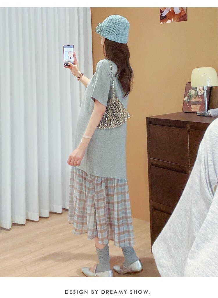 실사 2026 지금 새로운 임산부 캐주얼 패션 t 치마 한국 스타일 느긋한 배색 체크무늬 패치워크 임산부 드레스 상세 이미지 34
