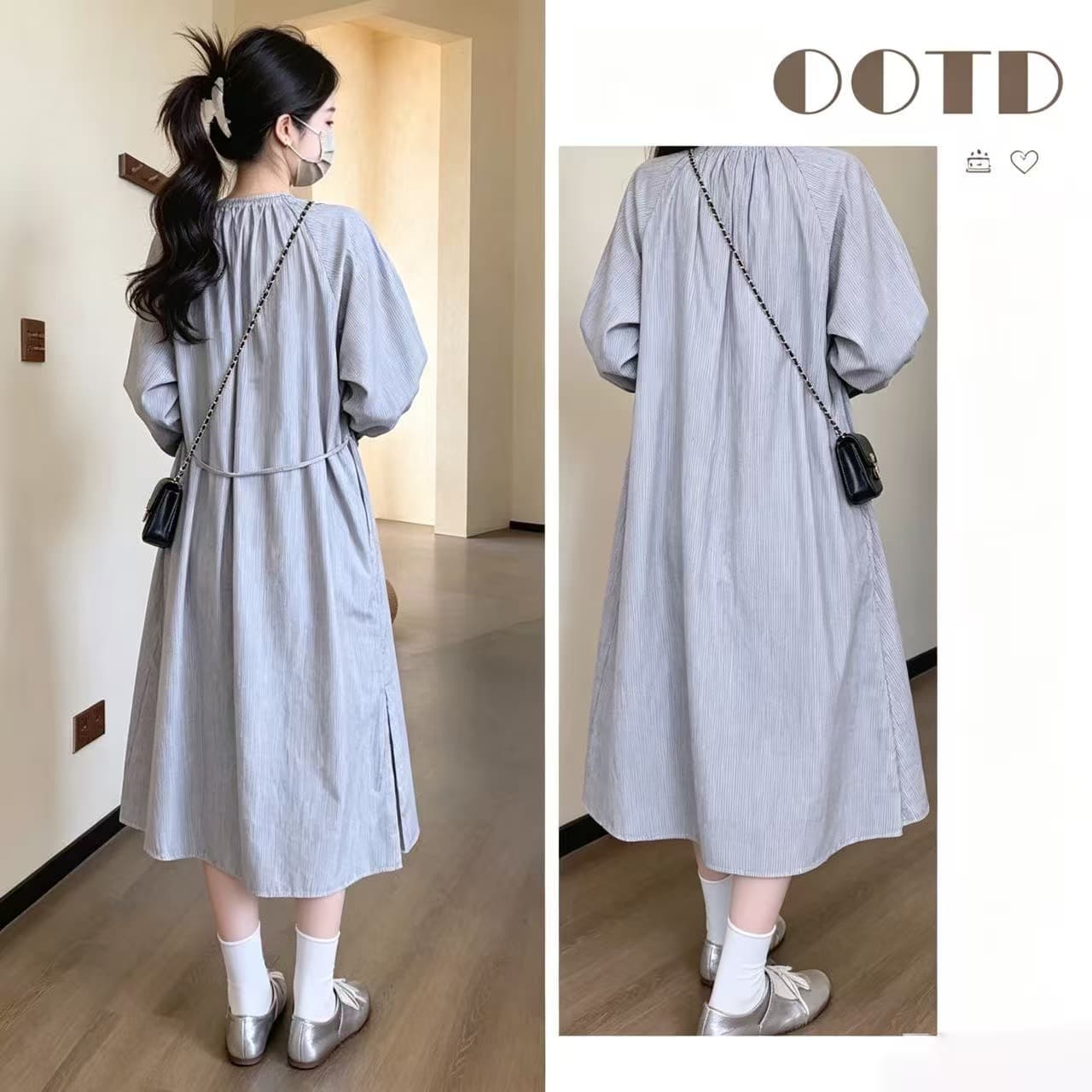 임산부 한 부서 패션 캐주얼 세로 줄무늬 거품 소매 셔츠 임산부 드레스 여름 허리 수축 레이스업 롱 스커트 상세 이미지 3