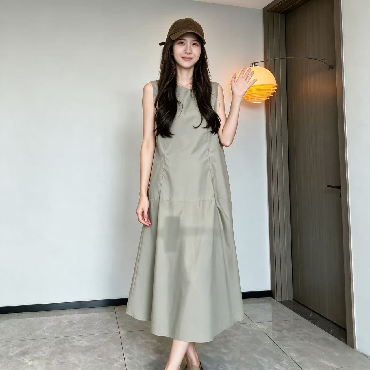 새로운 출산 착용 단순한 관대 한 연령 감소 품격 캐주얼 롱 스커트 회색 녹색 민소매 조끼 임산부 드레스 상세 이미지 5