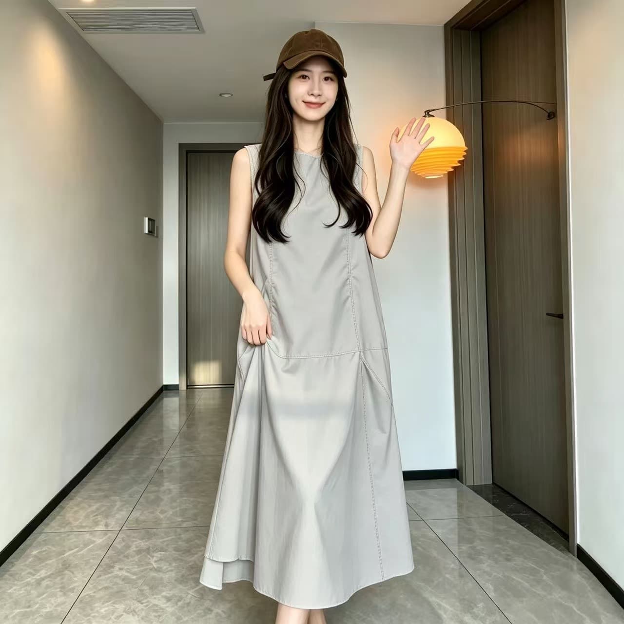 새로운 출산 착용 단순한 관대 한 연령 감소 품격 캐주얼 롱 스커트 회색 녹색 민소매 조끼 임산부 드레스 상세 이미지 6