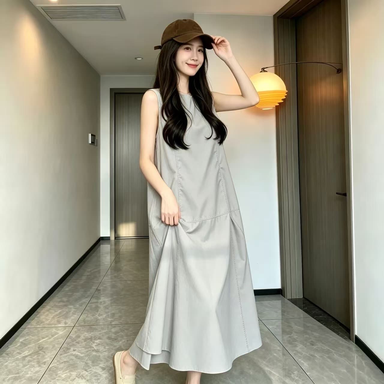 새로운 출산 착용 단순한 관대 한 연령 감소 품격 캐주얼 롱 스커트 회색 녹색 민소매 조끼 임산부 드레스 상세 이미지 7