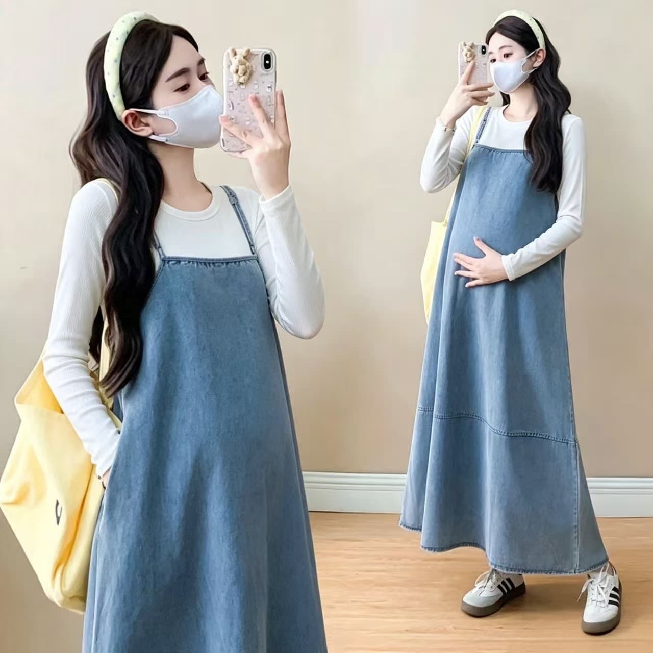 2026 새로운 실사 지금 임산부 데님 슬립 드레스 기본 셔츠 맨위 임산부 멜빵 바지 세트 이미지 2