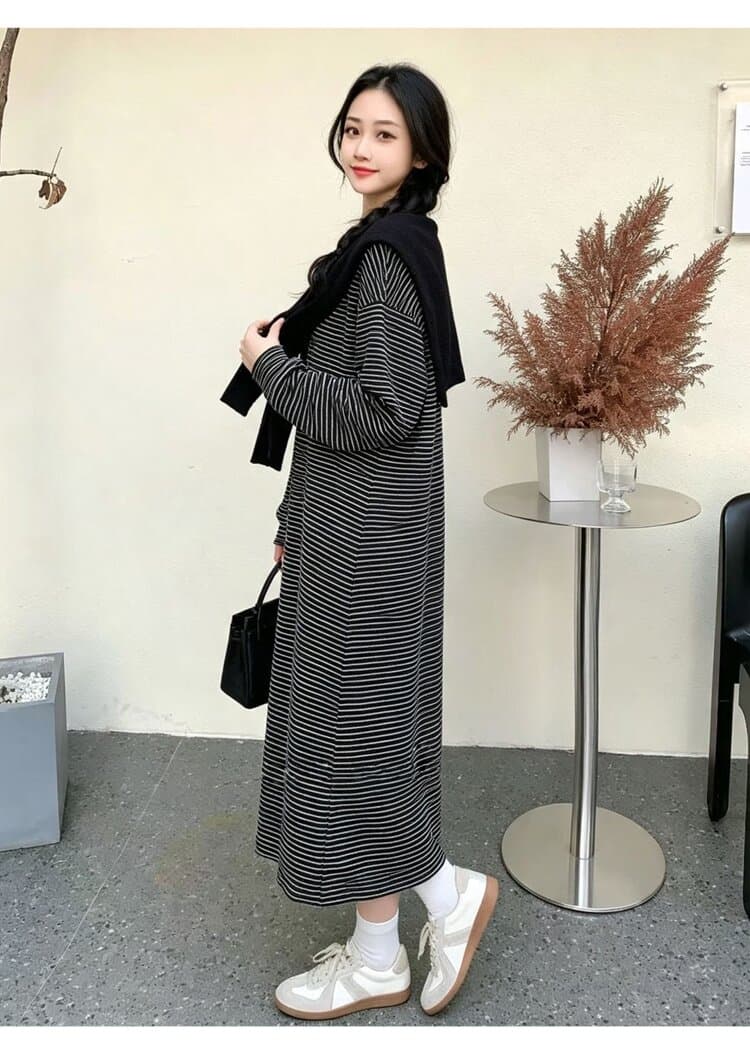 2026 새로운 가을 임산부 드레스 빅 사이즈 스트라이프 롱 스커트 경기 숄 투피스 세트 상세 이미지 13