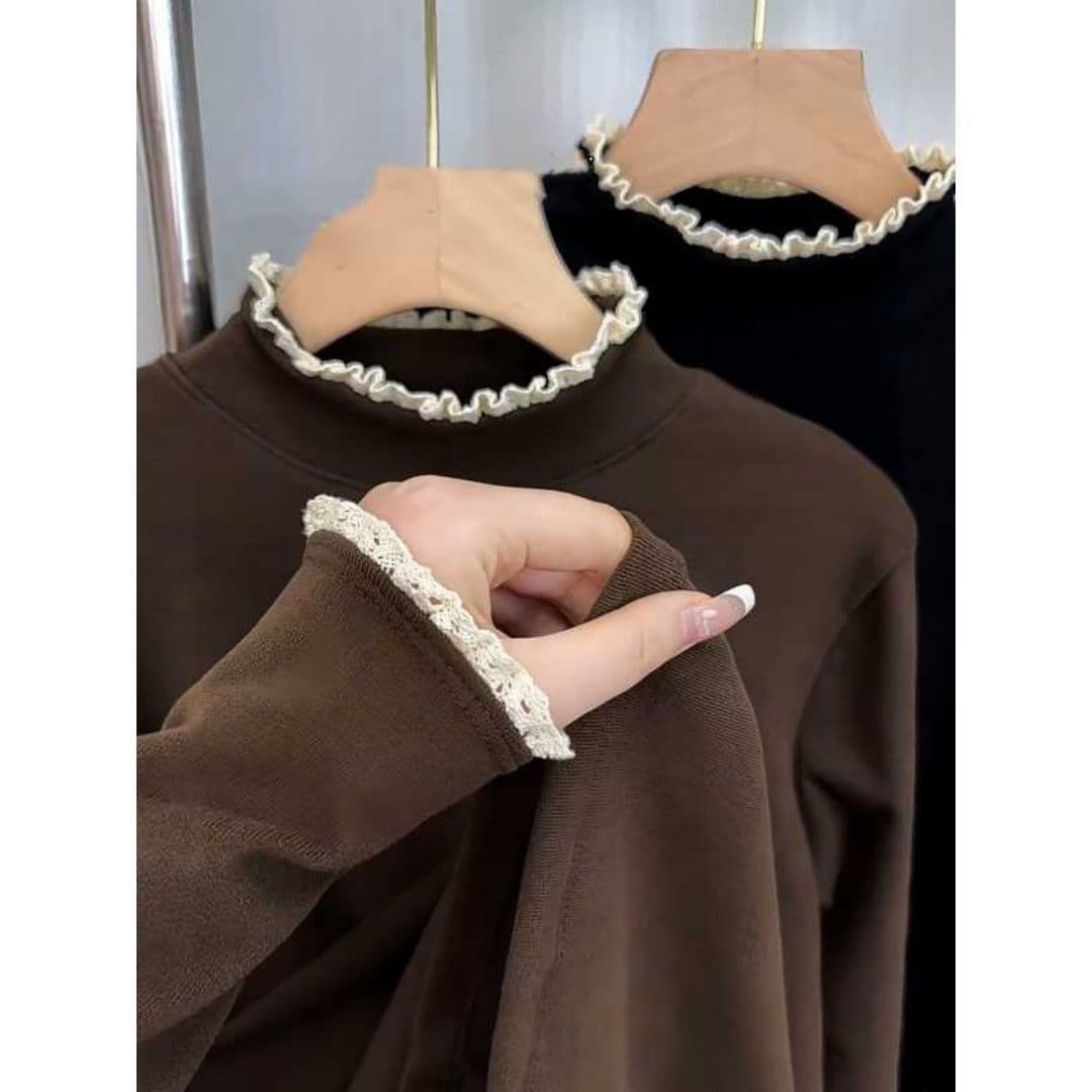 1 1 리브 De 플러시 원본 솜씨 원본 레이스 De 플러시 레이스 조각 긴팔 티셔츠 여성 상세 이미지 2