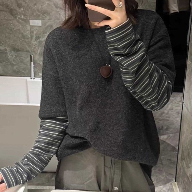 페이크 레이어드 1 1 리브 De 플러시 원본 솜씨 연삭 털 스트라이프 페이크 레이어드 긴팔 티셔츠 여성
