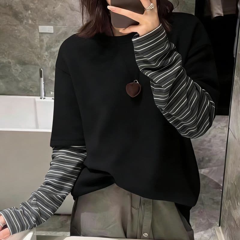 페이크 레이어드 1 1 리브 De 플러시 원본 솜씨 연삭 털 스트라이프 페이크 레이어드 긴팔 티셔츠 여성 이미지 3