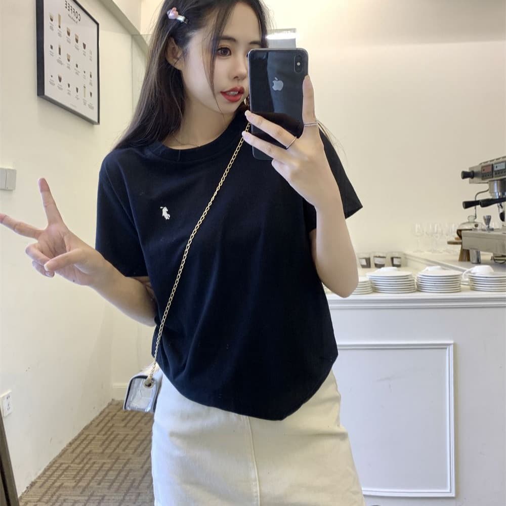 실사 19 지점 순면 220g100 솜 반팔 티셔츠 작은 말 표준 자수 이미지 5