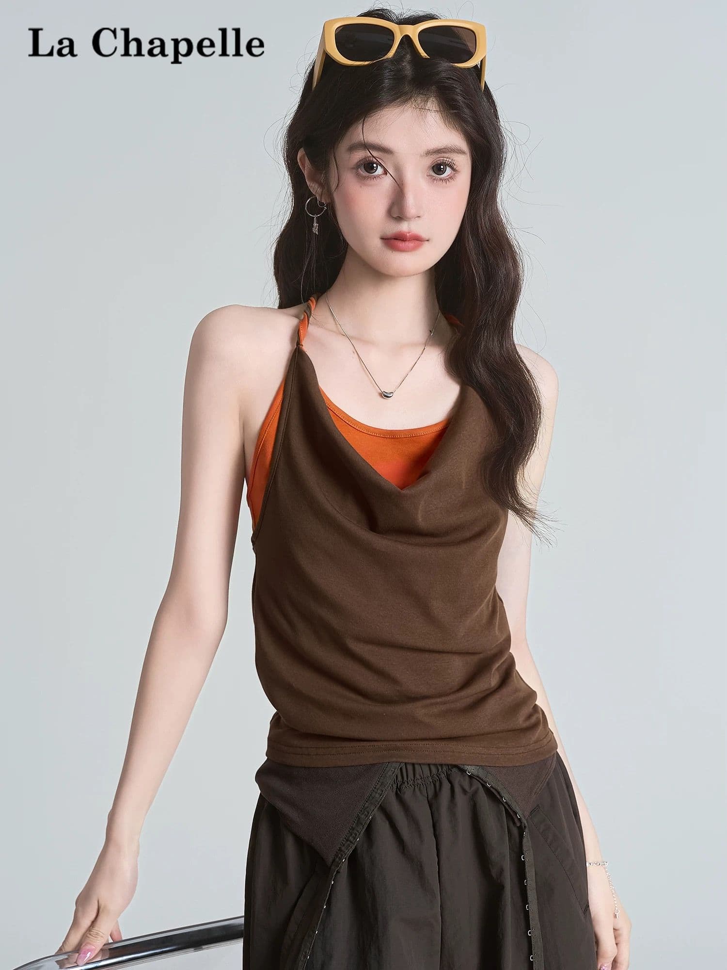 벨트 가슴 패드 페이크 레이어드 배색 패치워크 흔들다 칼라 캐미솔 여름 매듭 핫걸 맨위 이미지 4