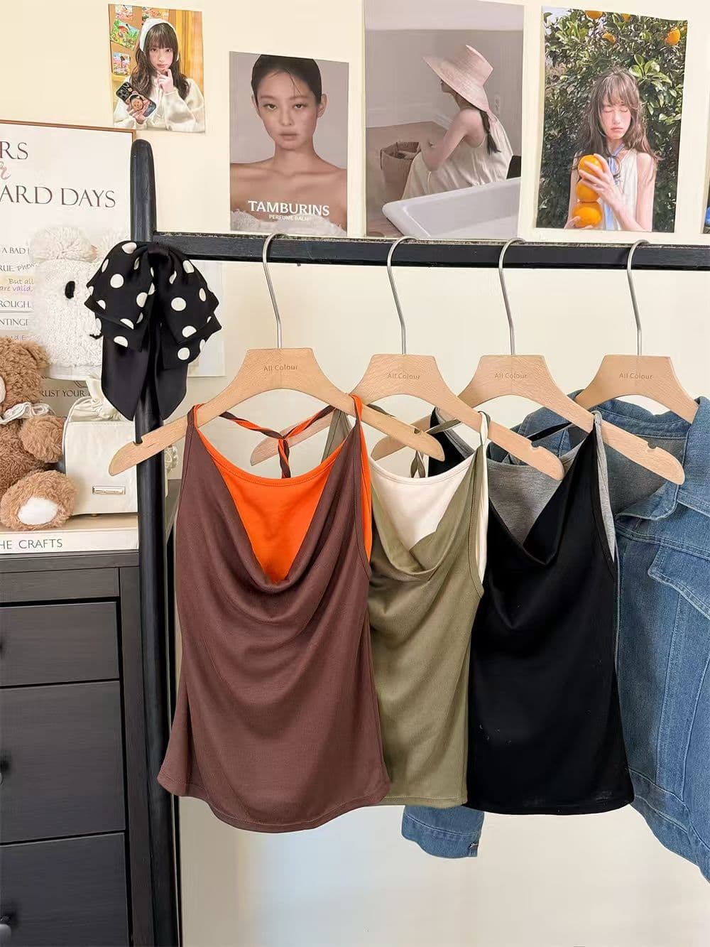 벨트 가슴 패드 페이크 레이어드 배색 패치워크 흔들다 칼라 캐미솔 여름 매듭 핫걸 맨위 상세 이미지 2