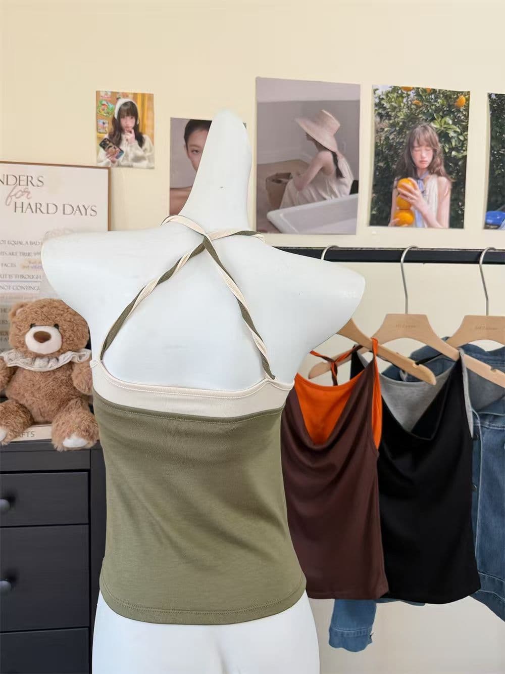 벨트 가슴 패드 페이크 레이어드 배색 패치워크 흔들다 칼라 캐미솔 여름 매듭 핫걸 맨위 상세 이미지 3