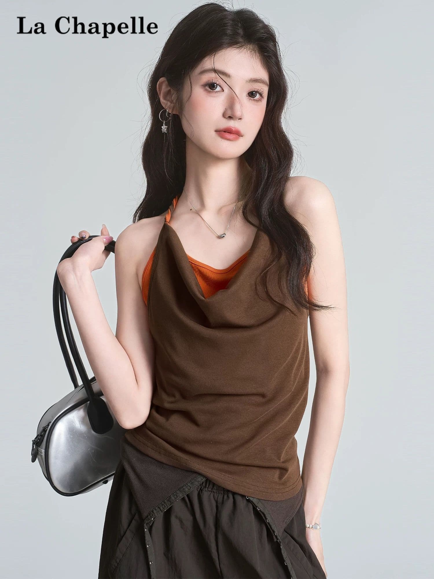벨트 가슴 패드 페이크 레이어드 배색 패치워크 흔들다 칼라 캐미솔 여름 매듭 핫걸 맨위 상세 이미지 4