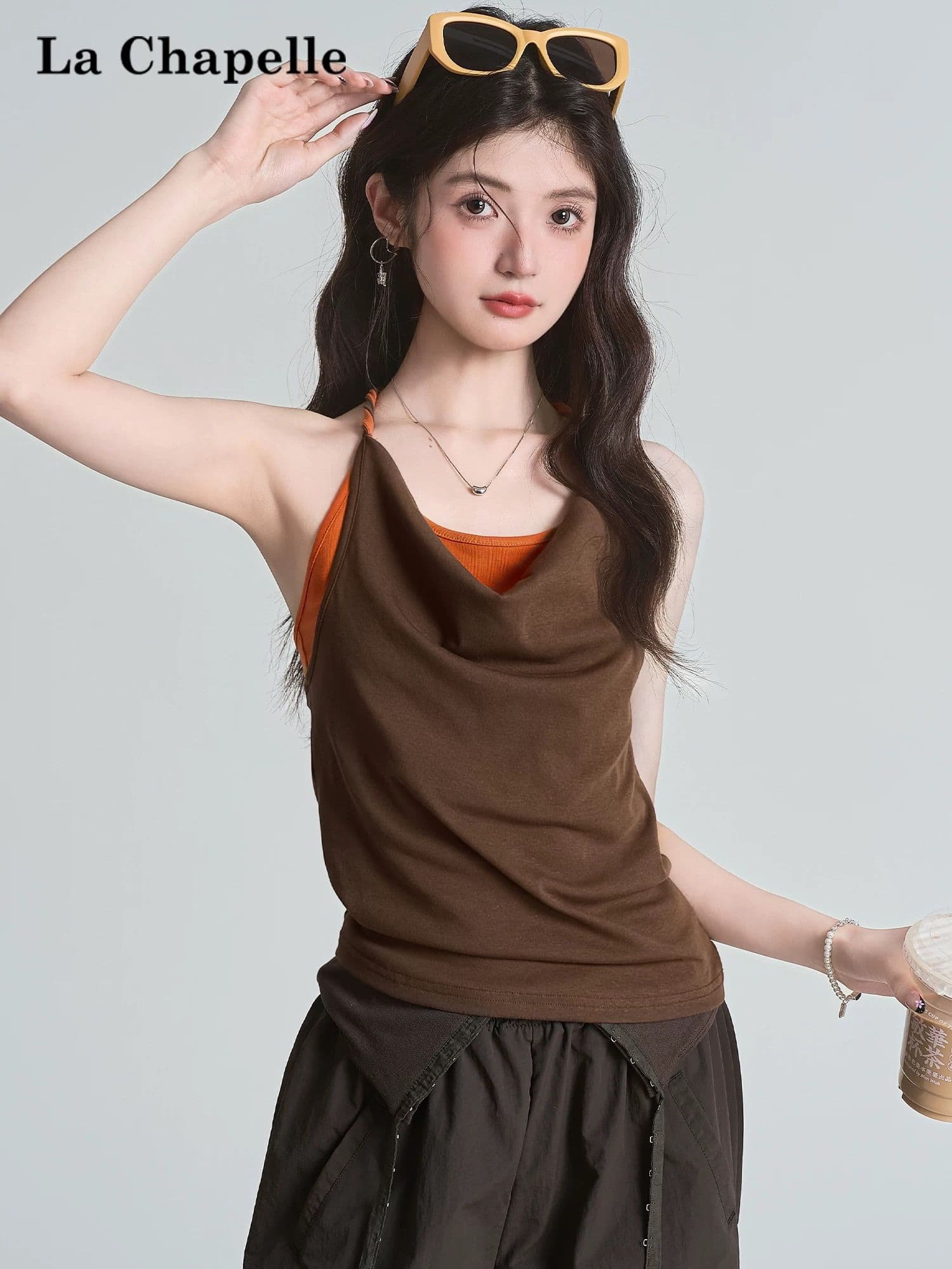 벨트 가슴 패드 페이크 레이어드 배색 패치워크 흔들다 칼라 캐미솔 여름 매듭 핫걸 맨위 상세 이미지 5