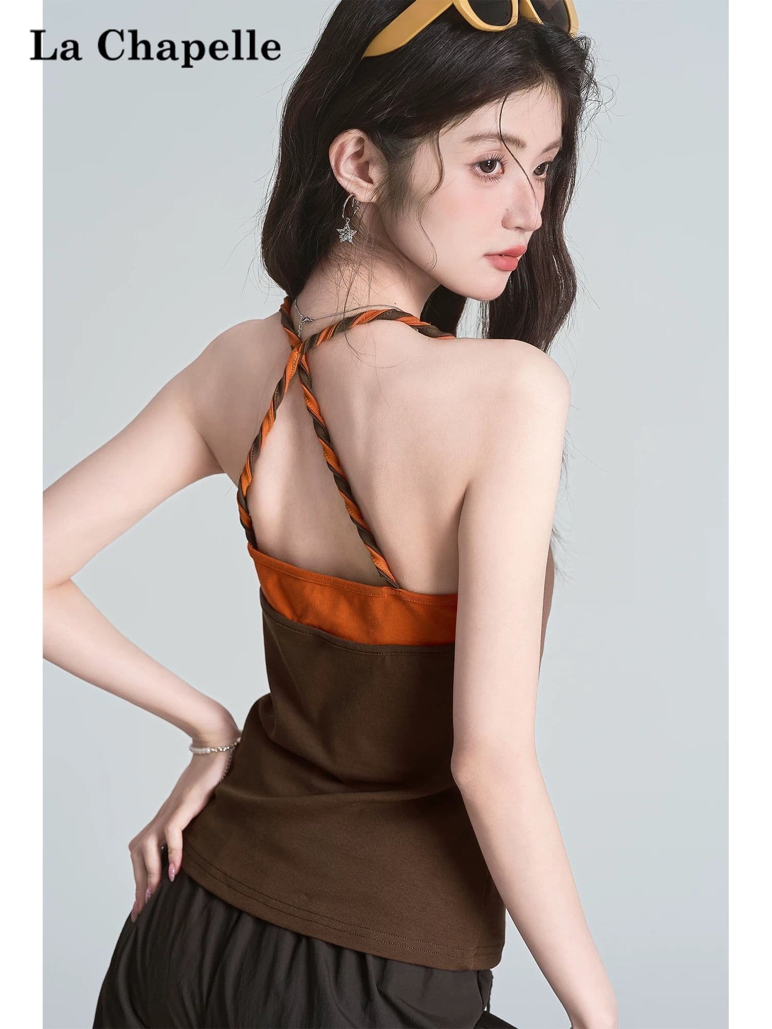 벨트 가슴 패드 페이크 레이어드 배색 패치워크 흔들다 칼라 캐미솔 여름 매듭 핫걸 맨위 상세 이미지 7